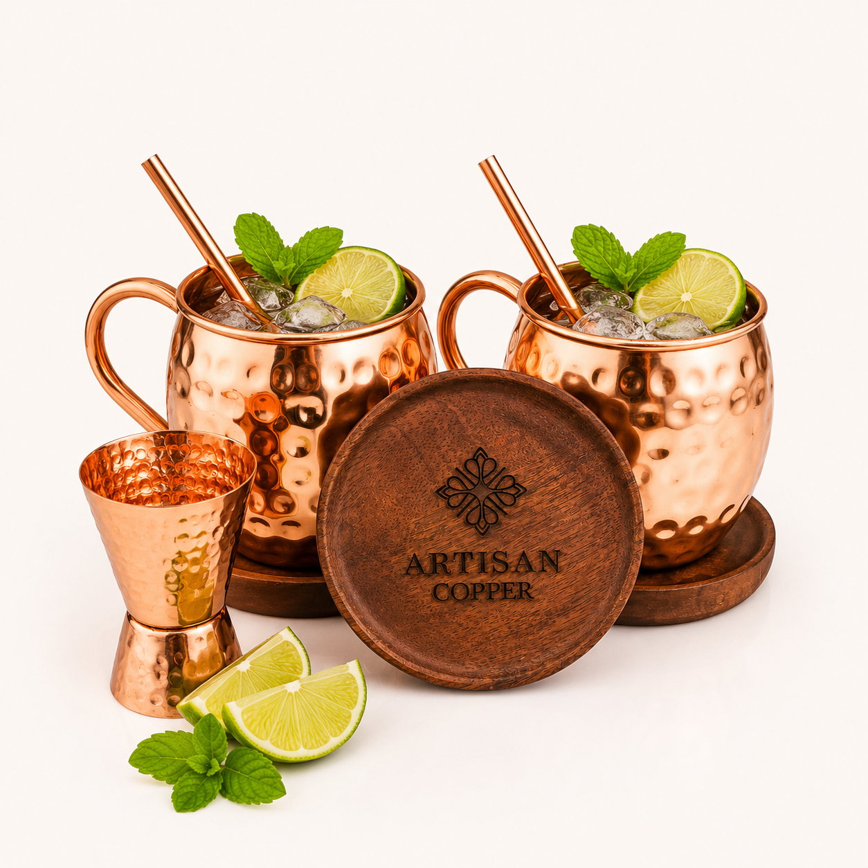 Artisan Copper Pure Copper Moscow Mule Mugs Set of 2 (16 oz) with 2 Copper Straws, 2 Wooden Coasters & 1 Jigger – Handcrafted Hammered Copper Cocktail Cups