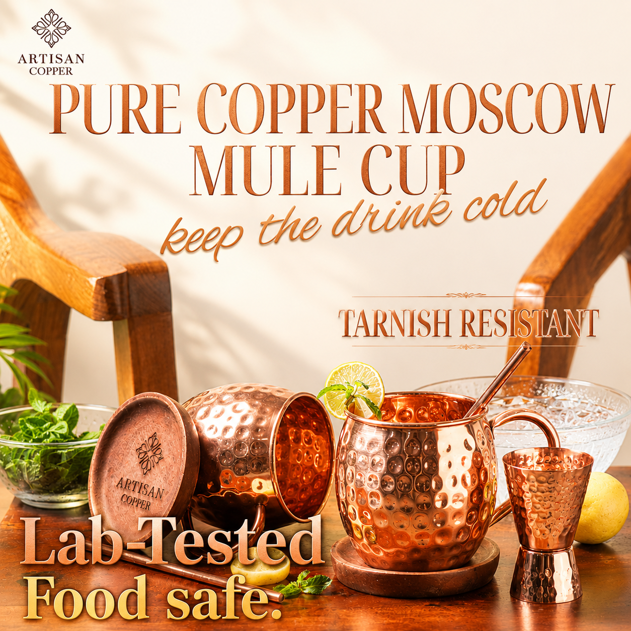 Artisan Copper Pure Copper Moscow Mule Mugs Set of 2 (16 oz) with 2 Copper Straws, 2 Wooden Coasters & 1 Jigger – Handcrafted Hammered Copper Cocktail Cups