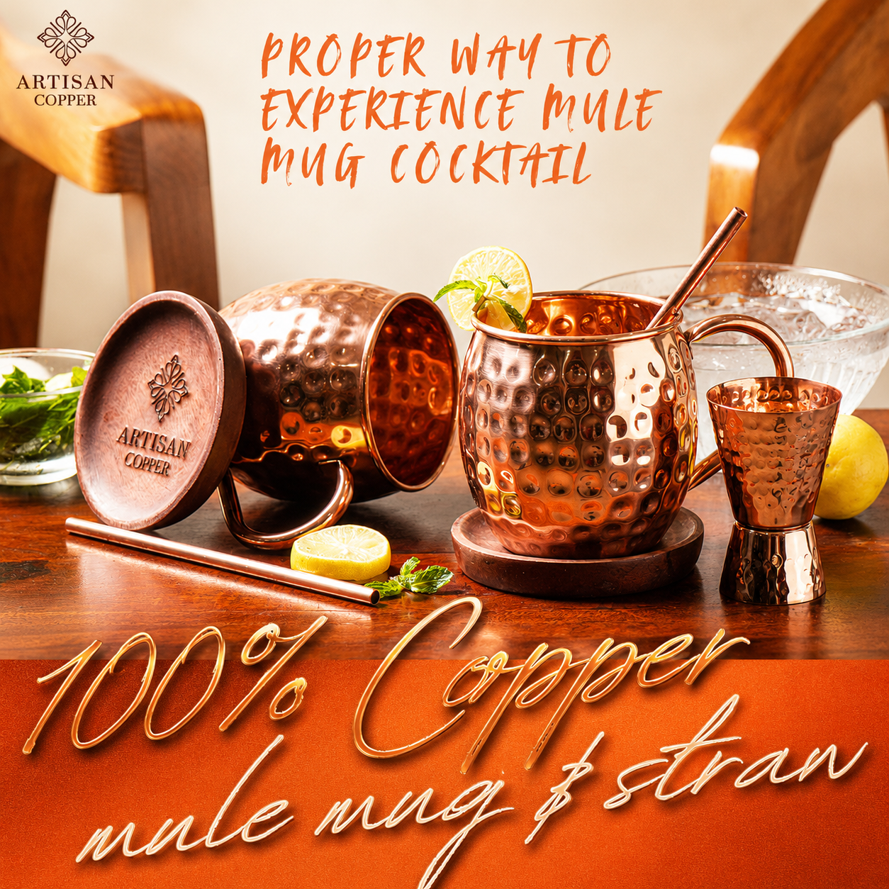Artisan Copper Pure Copper Moscow Mule Mugs Set of 2 (16 oz) with 2 Copper Straws, 2 Wooden Coasters & 1 Jigger – Handcrafted Hammered Copper Cocktail Cups