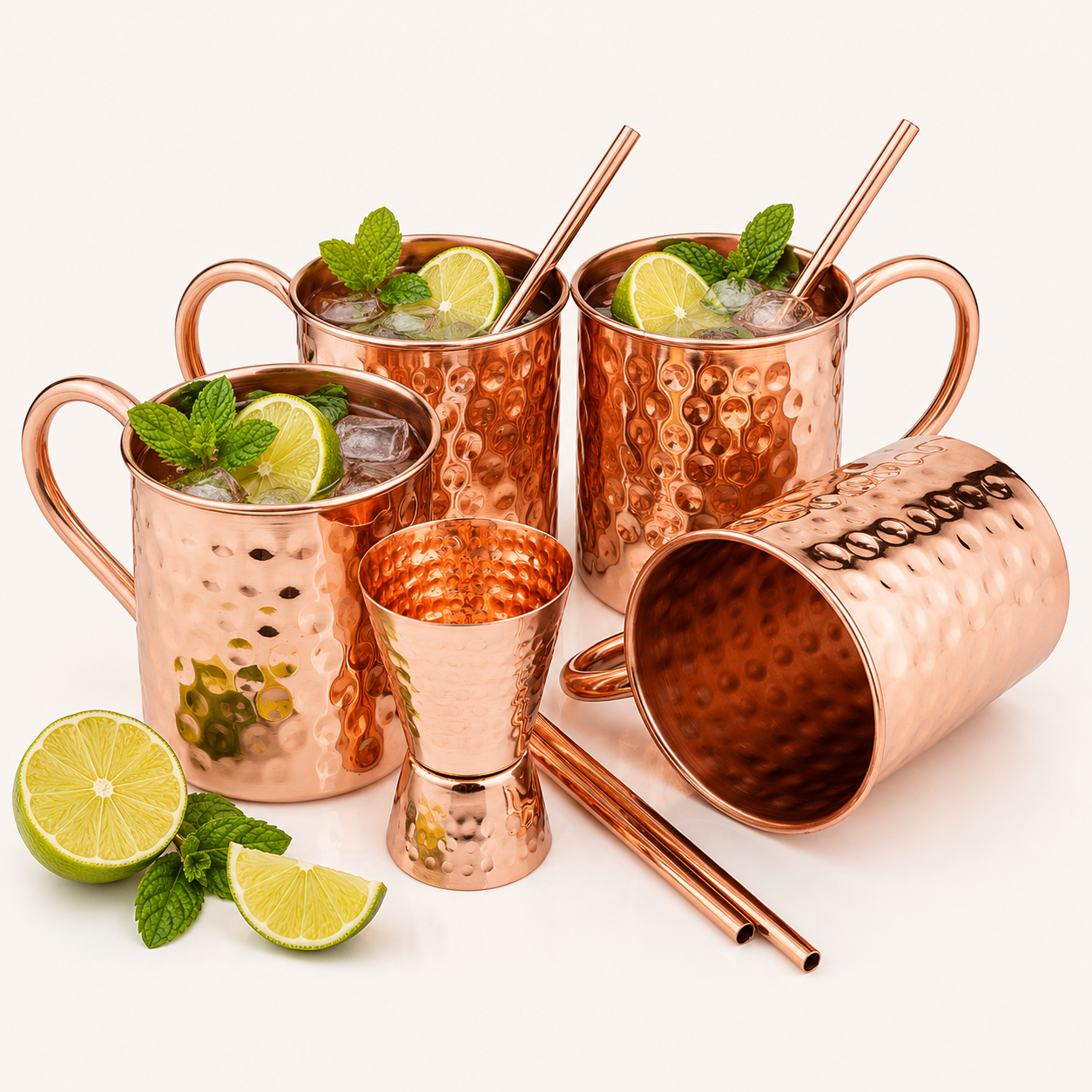 Artisan Copper Pure Copper Moscow Mule Mugs Set of 4 (16 oz) with 4 Copper Straws & 1 Jigger – Handcrafted Hammered Copper Cocktail Cups