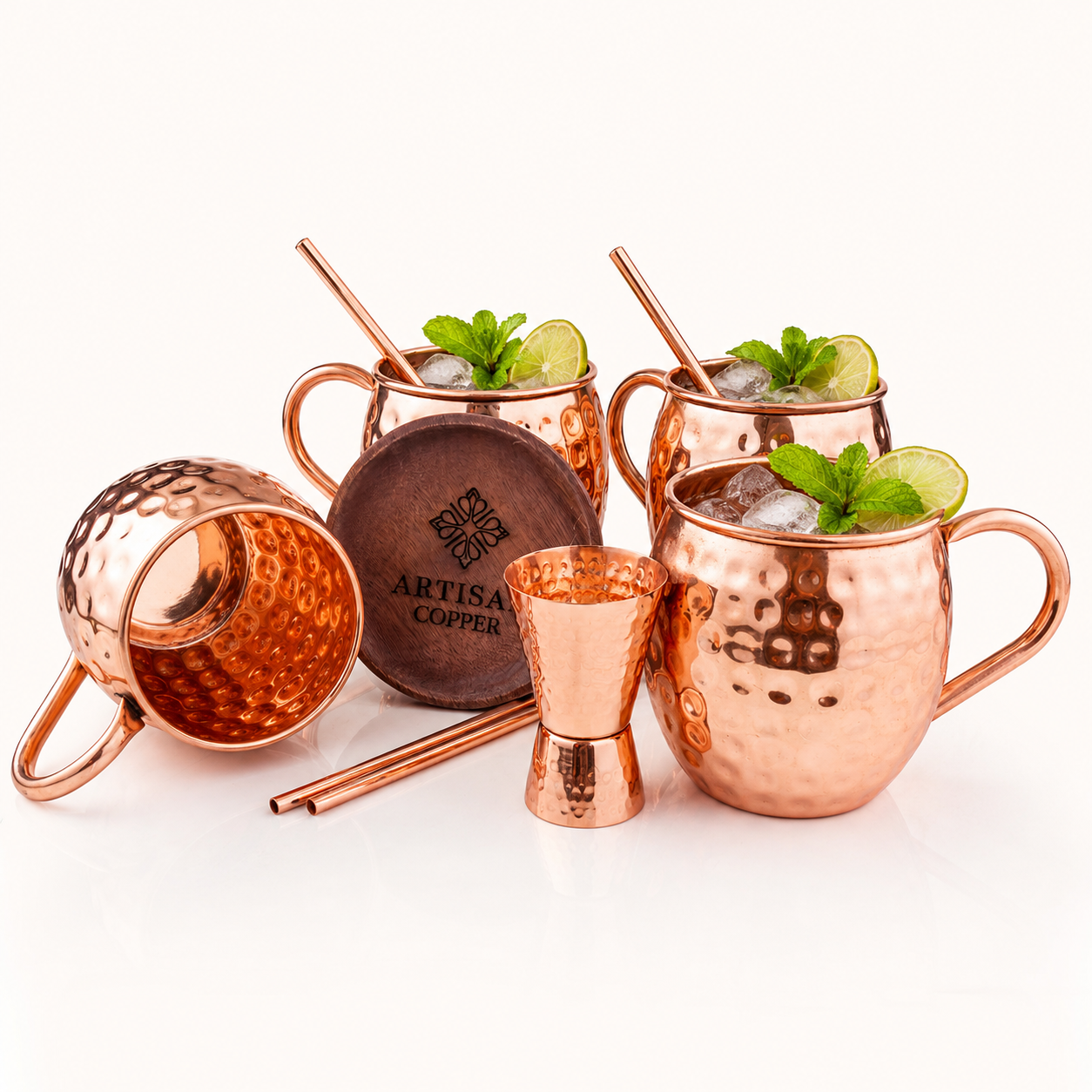 Artisan Copper Pure Copper Moscow Mule Mugs Set of 4 (16 oz) with 4 Copper Straws, 4 Wooden Coasters & 1 Jigger – Handcrafted Hammered Copper Cocktail Cups