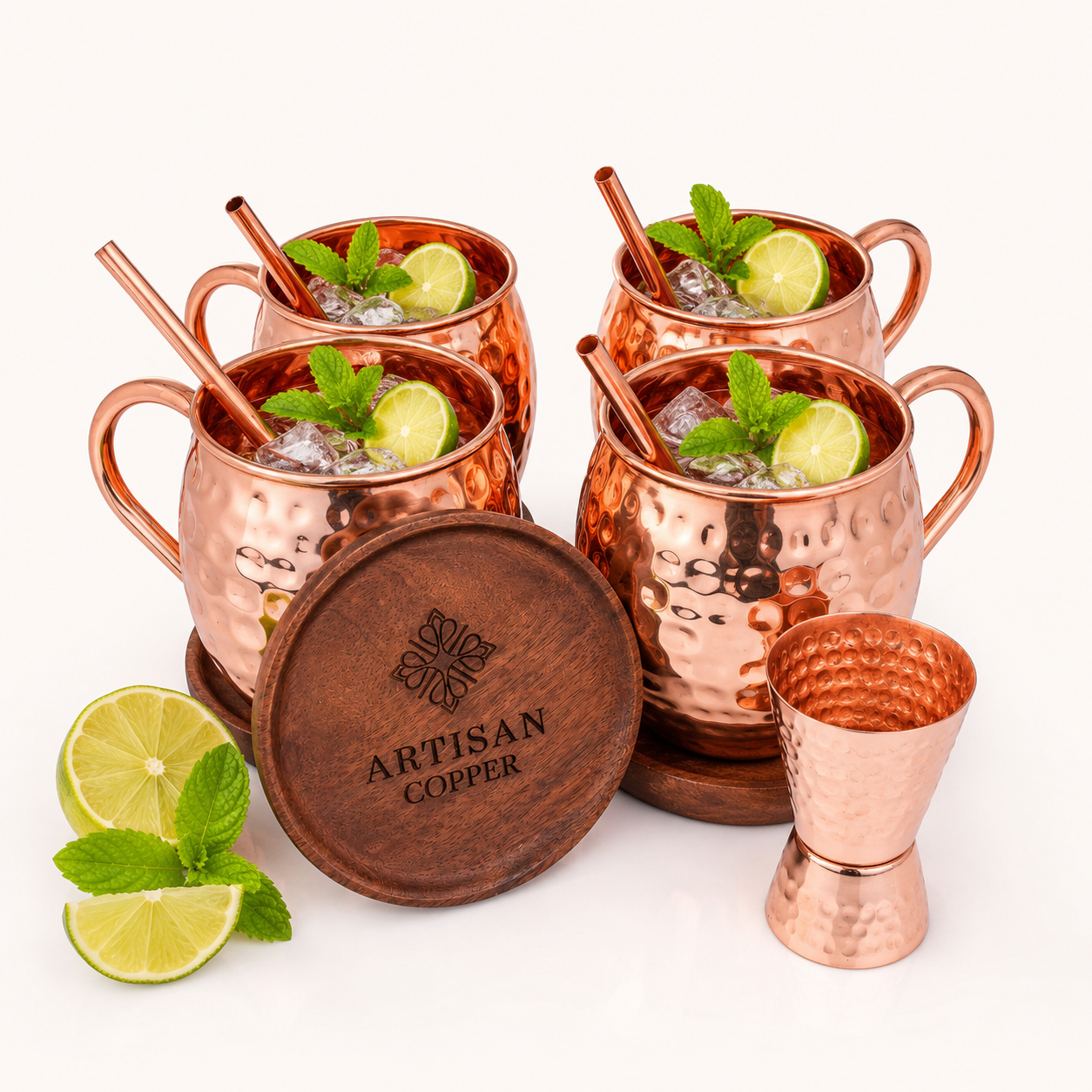 Artisan Copper Pure Copper Moscow Mule Mugs Set of 4 (16 oz) with 4 Copper Straws, 4 Wooden Coasters & 1 Jigger – Handcrafted Hammered Copper Cocktail Cups