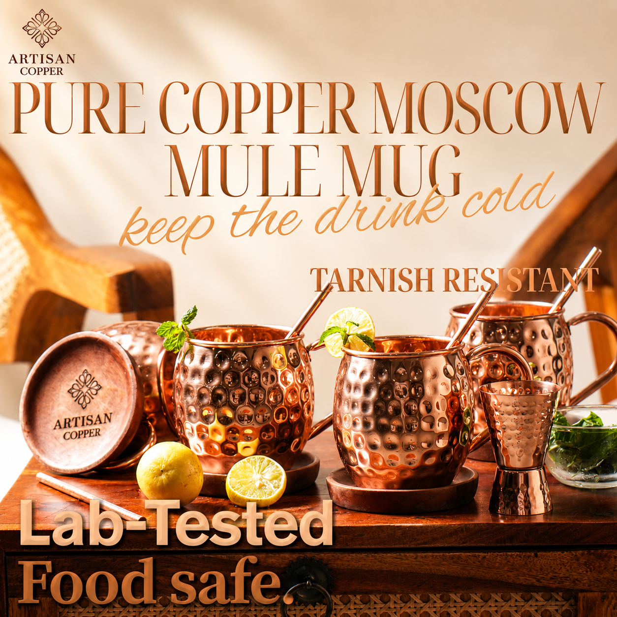 Artisan Copper Pure Copper Moscow Mule Mugs Set of 4 (16 oz) with 4 Copper Straws, 4 Wooden Coasters & 1 Jigger – Handcrafted Hammered Copper Cocktail Cups