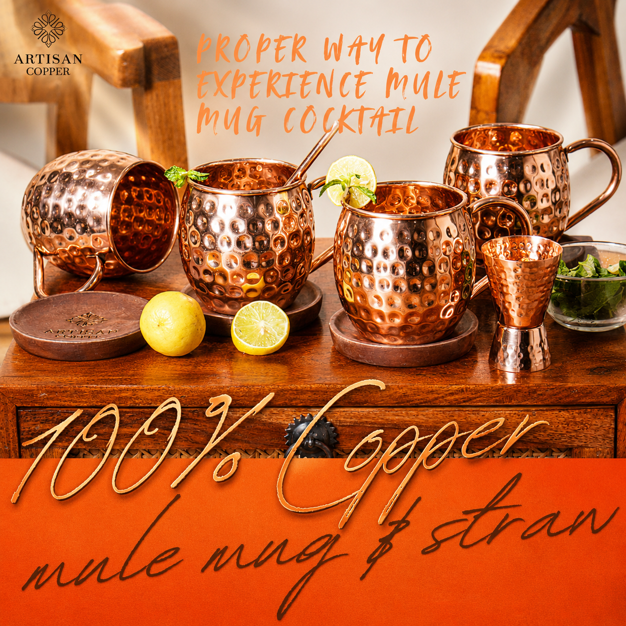 Artisan Copper Pure Copper Moscow Mule Mugs Set of 4 (16 oz) with 4 Copper Straws, 4 Wooden Coasters & 1 Jigger – Handcrafted Hammered Copper Cocktail Cups