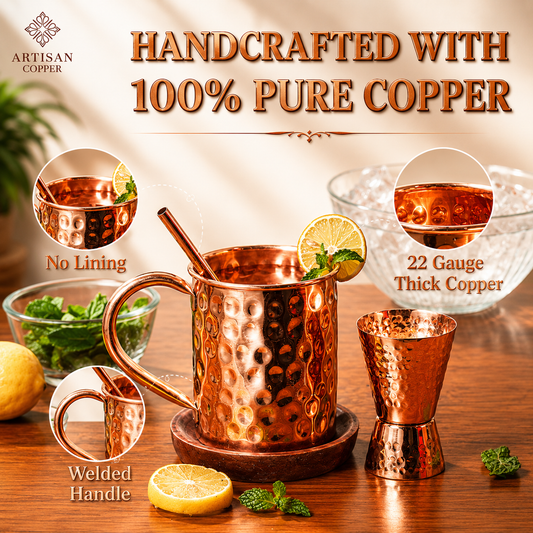 Artisan Copper Pure Copper Moscow Mule Mugs Set of 4 (16 oz) with 4 Copper Straws & 1 Jigger – Handcrafted Hammered Copper Cocktail Cups