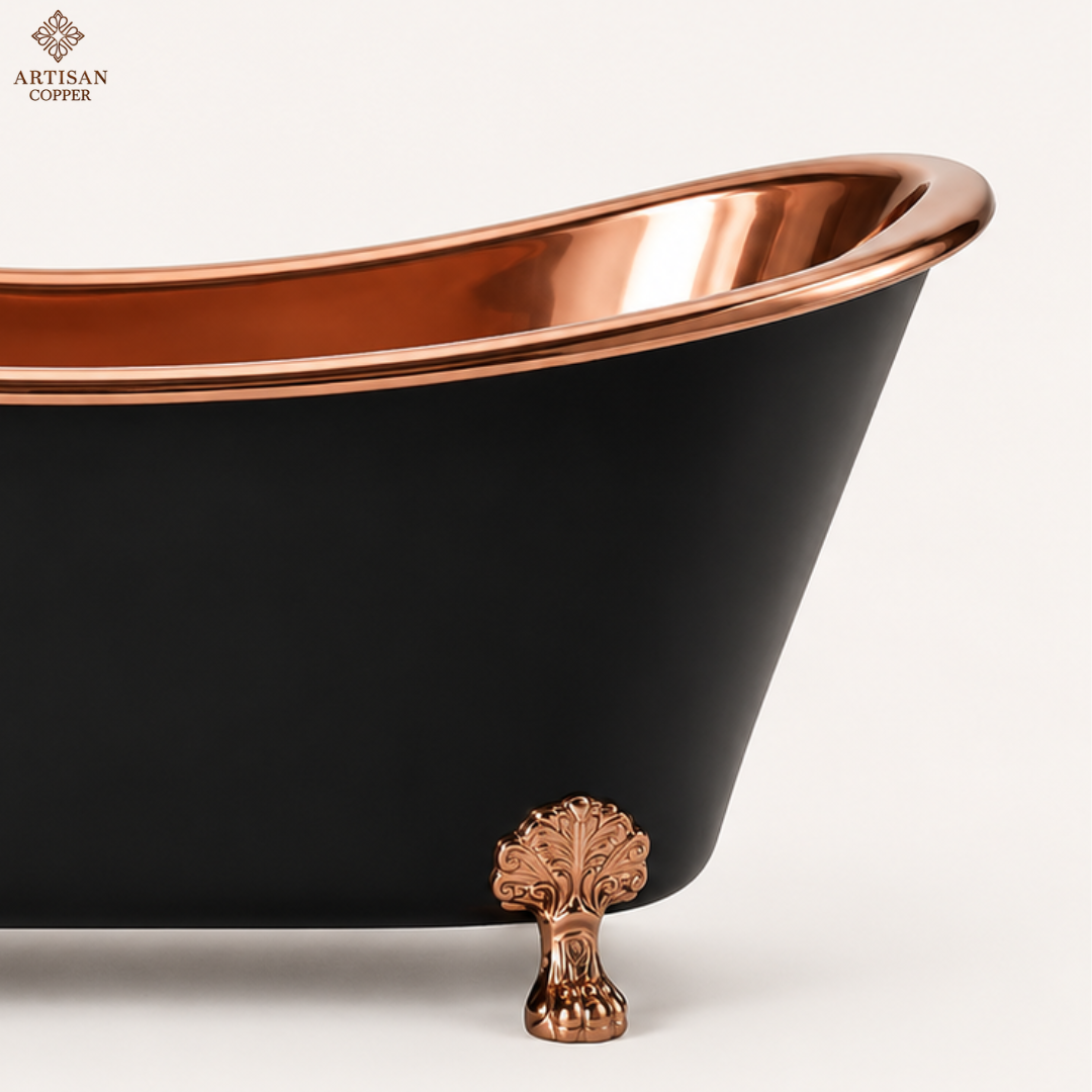 Artisan Copper Black Clawfoot Bathtub – 99.9% Pure Copper Freestanding Tub with Shiny Copper Interior & Copper Lion Paw Feet