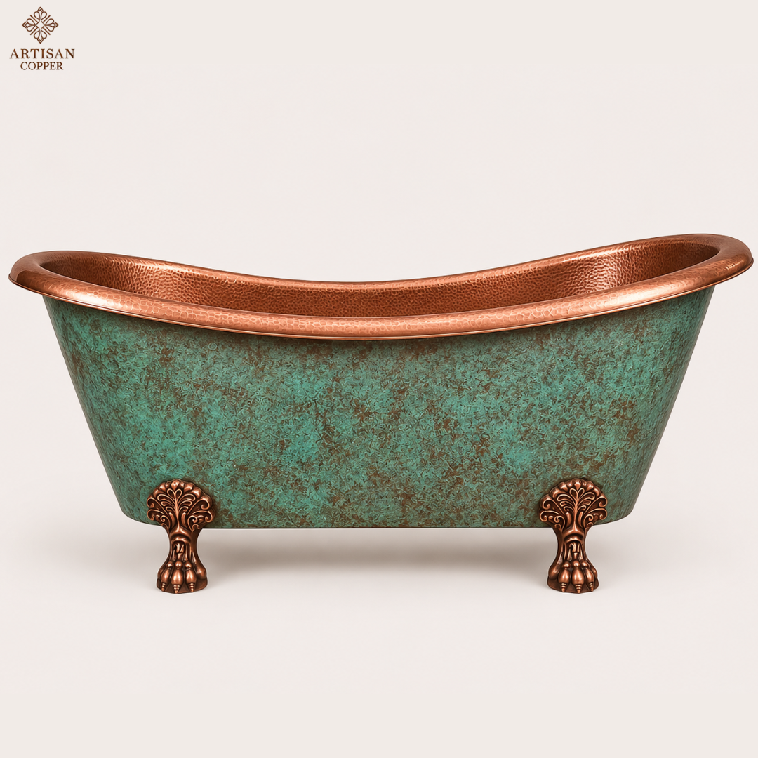 Artisan Copper Patina Clawfoot Freestanding Bathtub – Hand-Hammered Antique Copper Interior with Blue-Green Patina Exterior & Lion Paw Feet