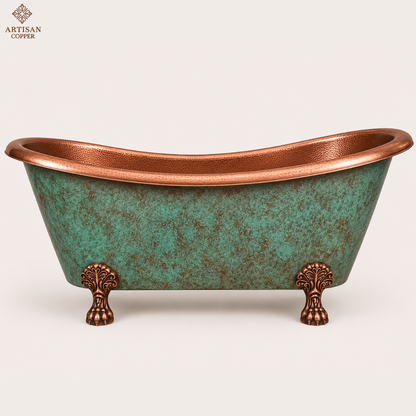 Artisan Copper Patina Clawfoot Freestanding Bathtub – Hand-Hammered Antique Copper Interior with Blue-Green Patina Exterior & Lion Paw Feet
