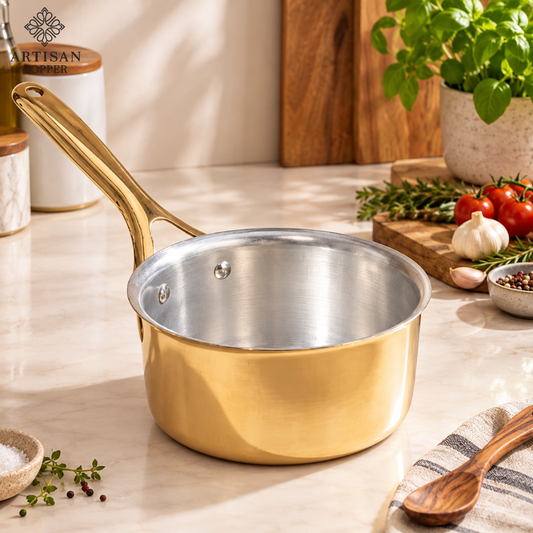 Pure Brass Saucepan with Tin-Lined Interior – Handcrafted Brass Cooking Pot, 1.5 L Capacity