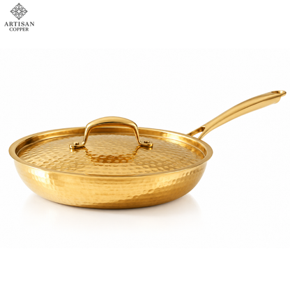 Hammered Brass Fry Pan with Lid – Pure Brass, Tin-Lined Interior