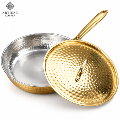 Hammered Brass Fry Pan with Lid – Pure Brass, Tin-Lined Interior