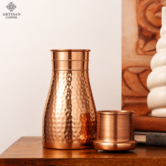 Artisan Copper Pure Copper Bedside Carafe (1.4L) with Tumbler – Pure Food-Grade Handcrafted Copper Water Carafe Set for Bedroom, Nightstand, Office & Home