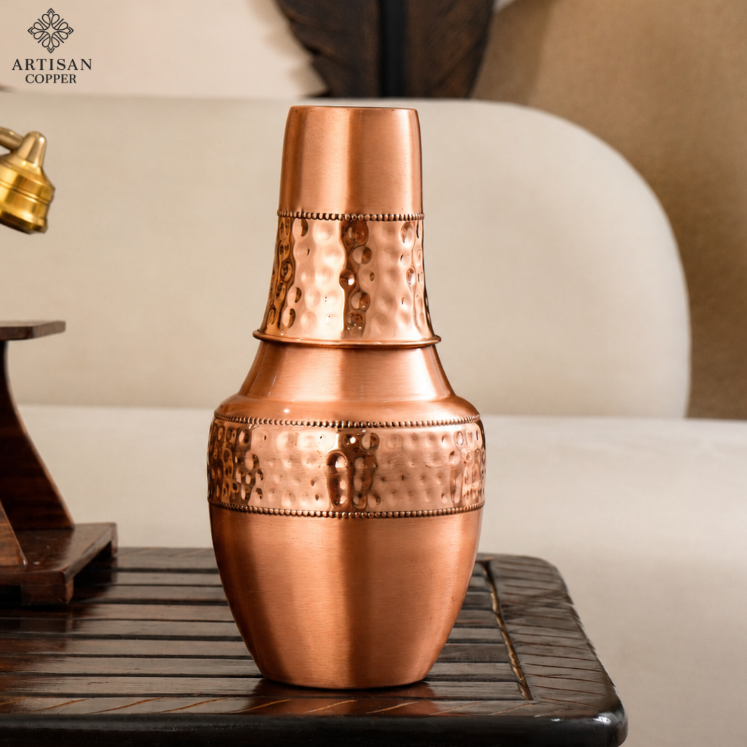 Artisan Copper Pure Copper Bedside Carafe with Tumbler, 1.4 L, Food Grade Handcrafted Copper Water Carafe Set for Bedroom, Nightstand, Office & Home