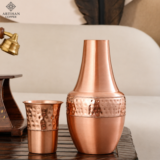 Artisan Copper Pure Copper Bedside Carafe with Tumbler, 1.4 L, Food Grade Handcrafted Copper Water Carafe Set for Bedroom, Nightstand, Office & Home