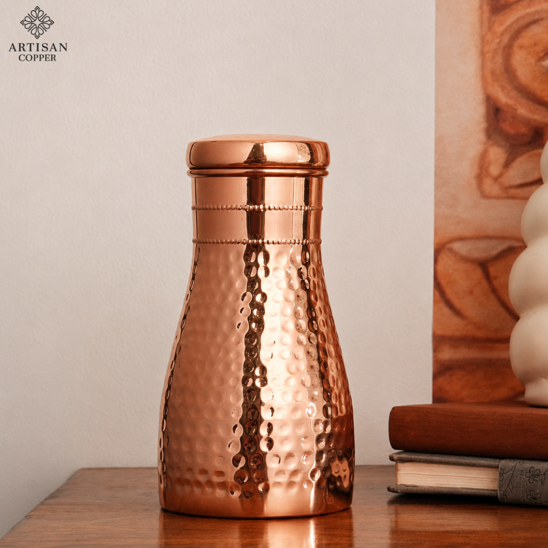 Artisan Copper Pure Copper Bedside Carafe (1.4L) with Tumbler – Pure Food-Grade Handcrafted Copper Water Carafe Set for Bedroom, Nightstand, Office & Home