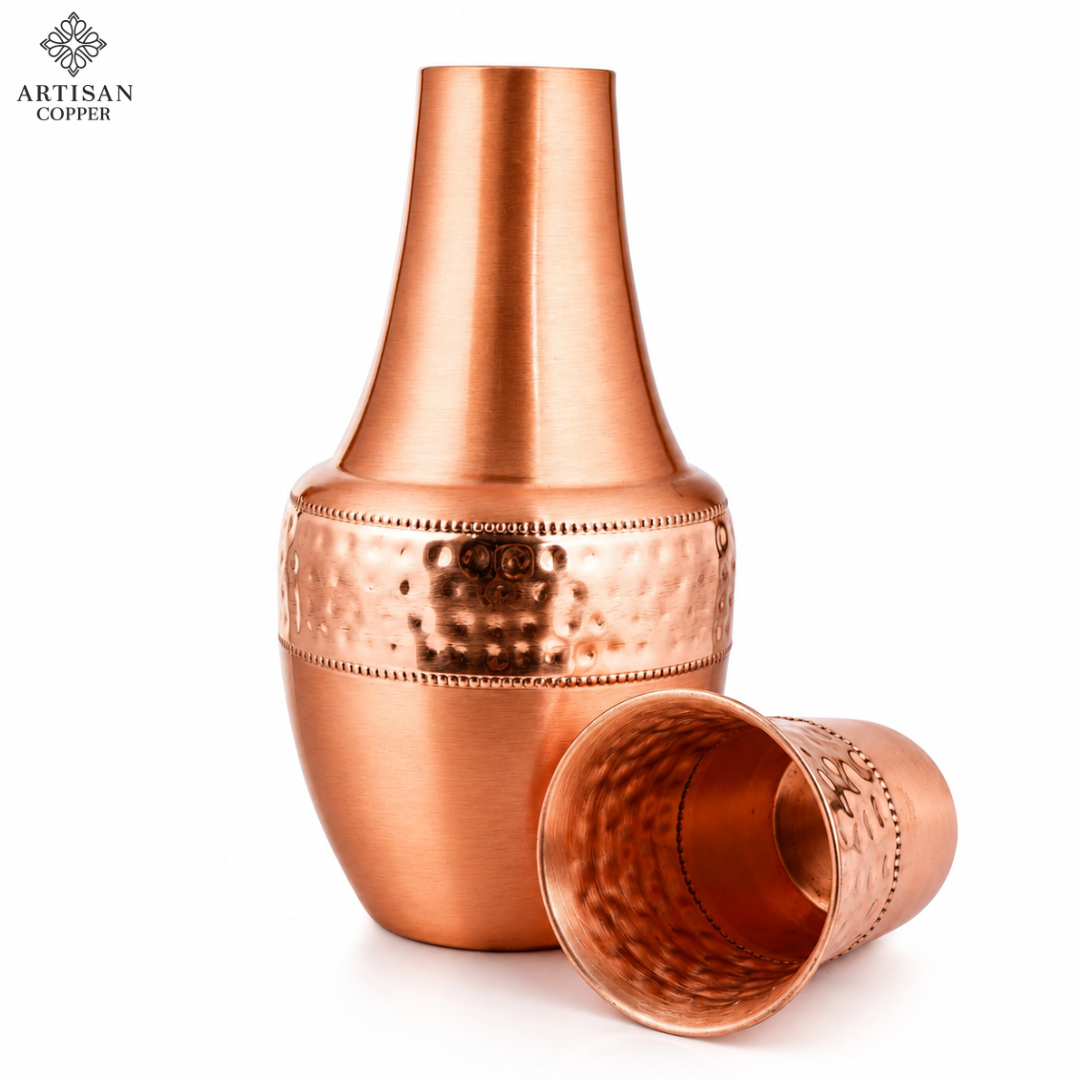 Artisan Copper Pure Copper Bedside Carafe with Tumbler, 1.4 L, Food Grade Handcrafted Copper Water Carafe Set for Bedroom, Nightstand, Office & Home