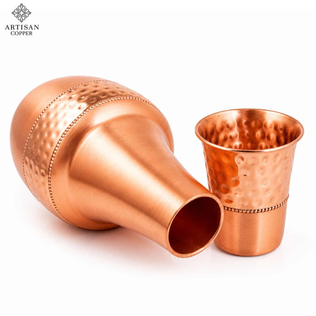 Artisan Copper Pure Copper Bedside Carafe with Tumbler, 1.4 L, Food Grade Handcrafted Copper Water Carafe Set for Bedroom, Nightstand, Office & Home
