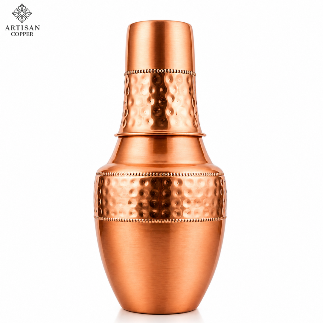 Artisan Copper Pure Copper Bedside Carafe with Tumbler, 1.4 L, Food Grade Handcrafted Copper Water Carafe Set for Bedroom, Nightstand, Office & Home