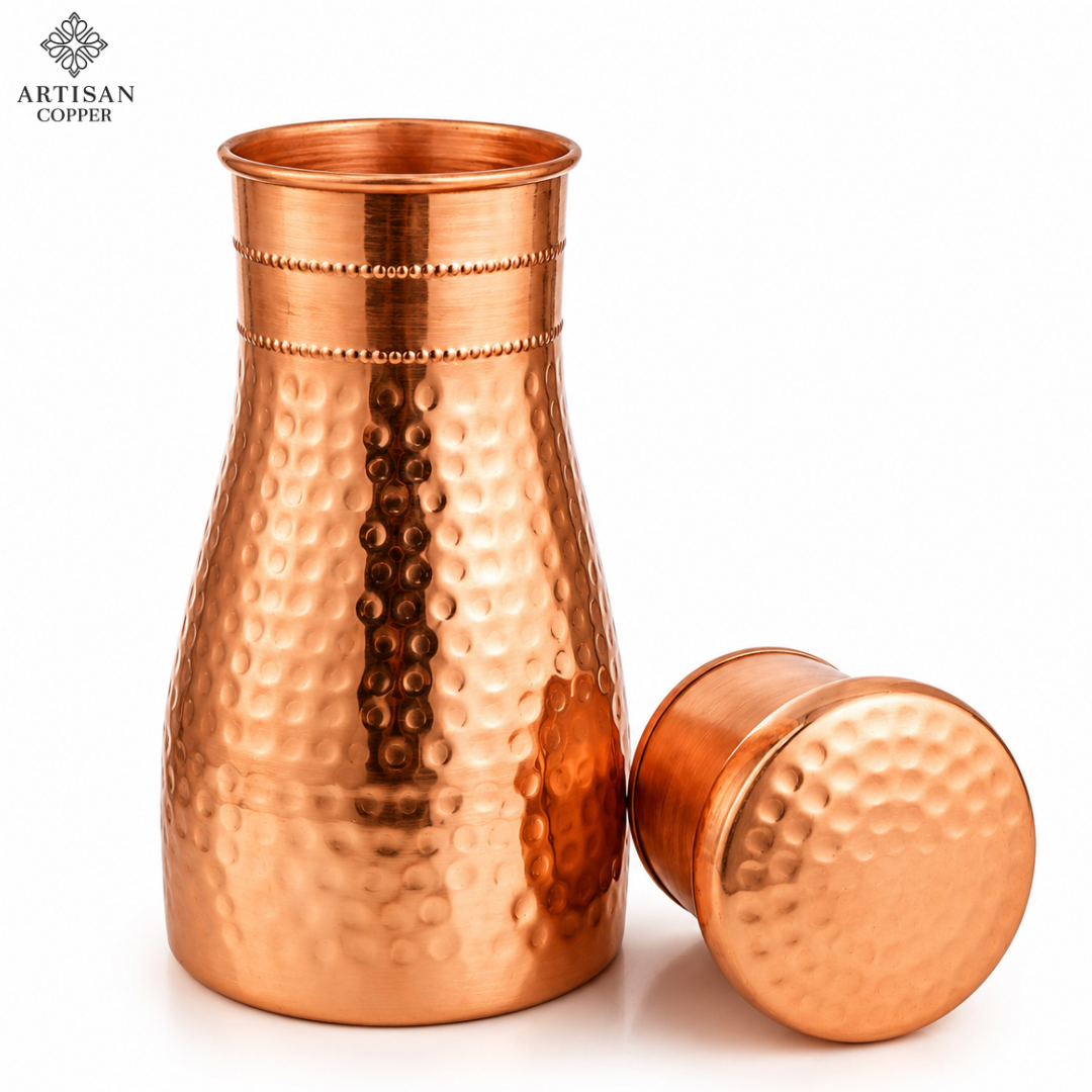 Artisan Copper Pure Copper Bedside Carafe (1.4L) with Tumbler – Pure Food-Grade Handcrafted Copper Water Carafe Set for Bedroom, Nightstand, Office & Home