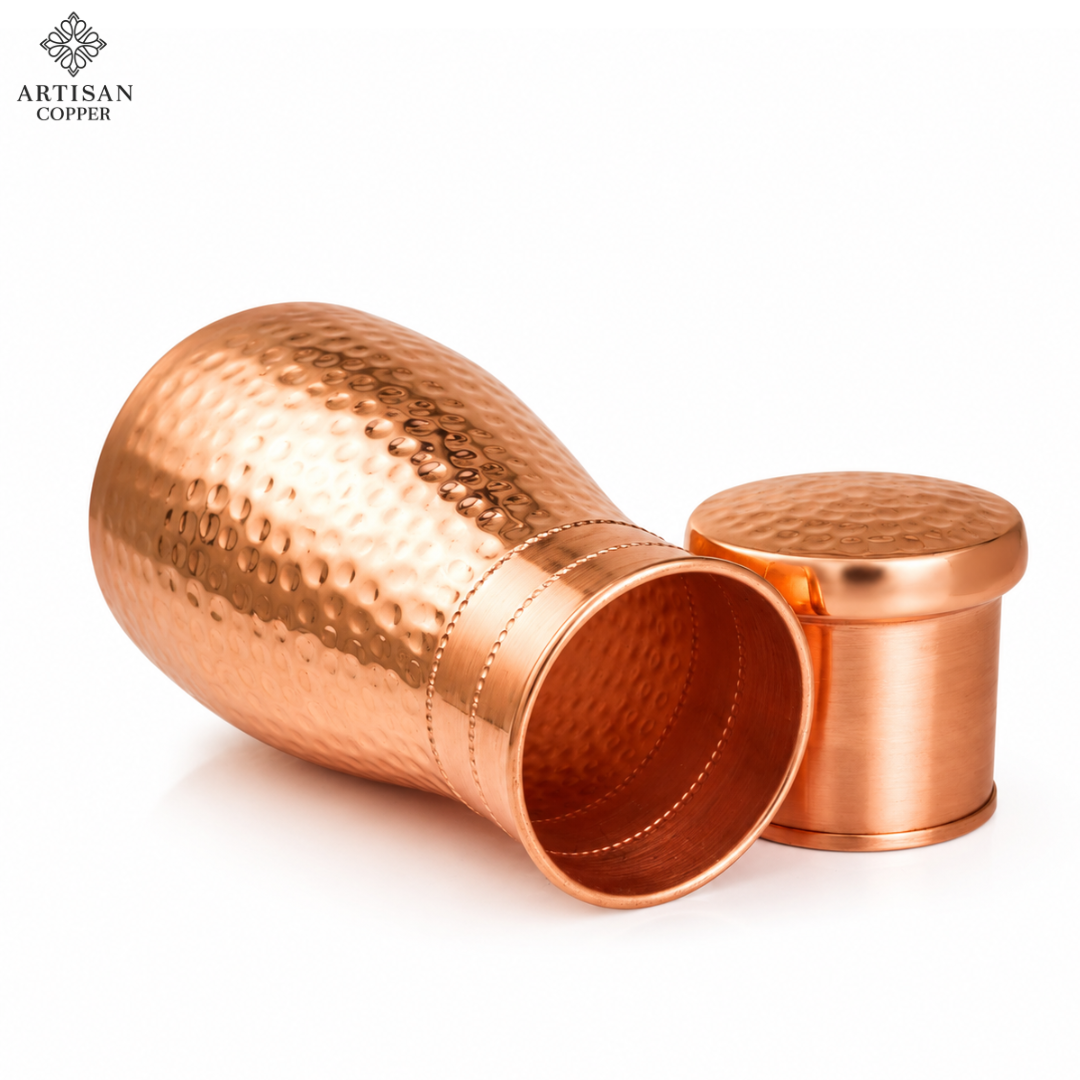Artisan Copper Pure Copper Bedside Carafe (1.4L) with Tumbler – Pure Food-Grade Handcrafted Copper Water Carafe Set for Bedroom, Nightstand, Office & Home
