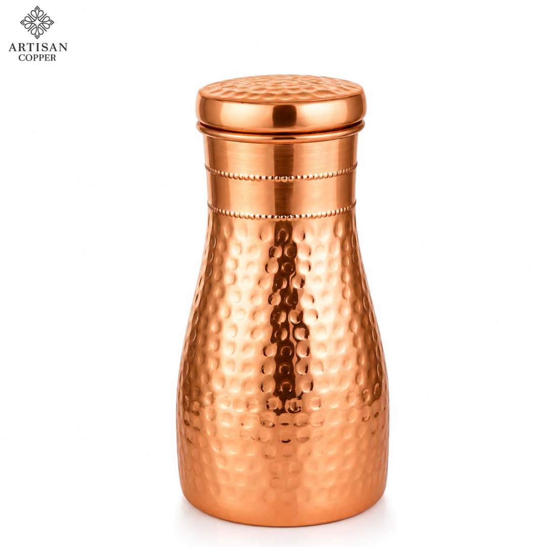 Artisan Copper Pure Copper Bedside Carafe (1.4L) with Tumbler – Pure Food-Grade Handcrafted Copper Water Carafe Set for Bedroom, Nightstand, Office & Home