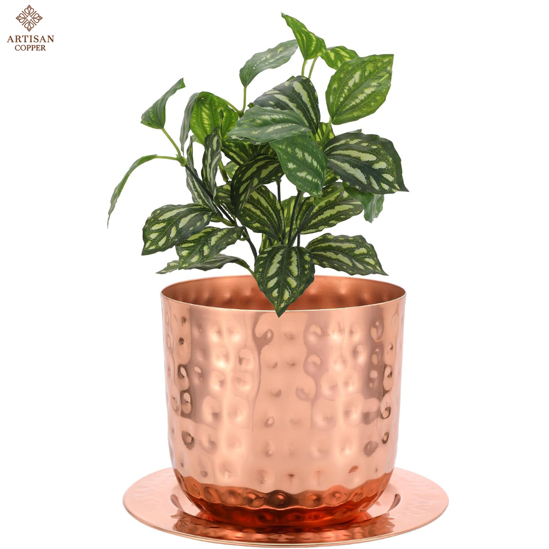 Copper Plated Watering Can with Indoor Planter & Tray Set – 2 Liter Watering Can, Decorative Indoor Plant Pot & Catch Tray