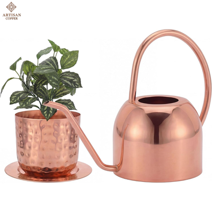 Copper Plated Watering Can & Indoor Planter Set with Tray – 2 Liter Decorative Gardening Set