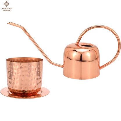 Copper Plated Watering Can with Indoor Planter & Tray Set – 2 Liter Watering Can, Decorative Indoor Plant Pot & Catch Tray