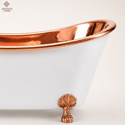Artisan Copper White Clawfoot Bathtub – 99.9% Pure Copper Freestanding Tub with Shiny Copper Interior & Copper Lion Paw Feet