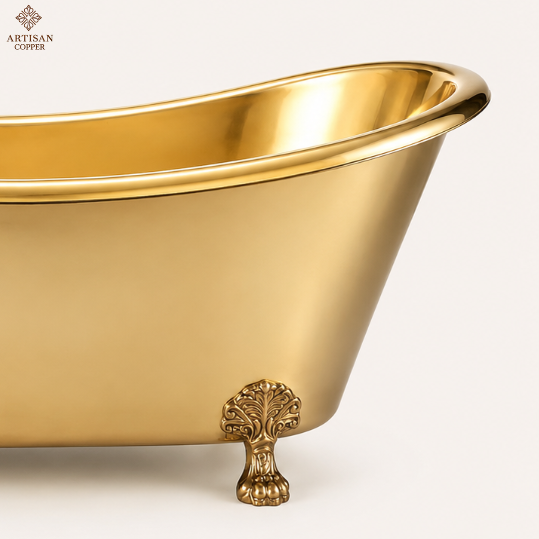 Artisan Copper Brass Clawfoot Bathtub – Pure Brass Freestanding Tub with Shiny Brass Interior & Exterior, Brass Lion Paw Feet