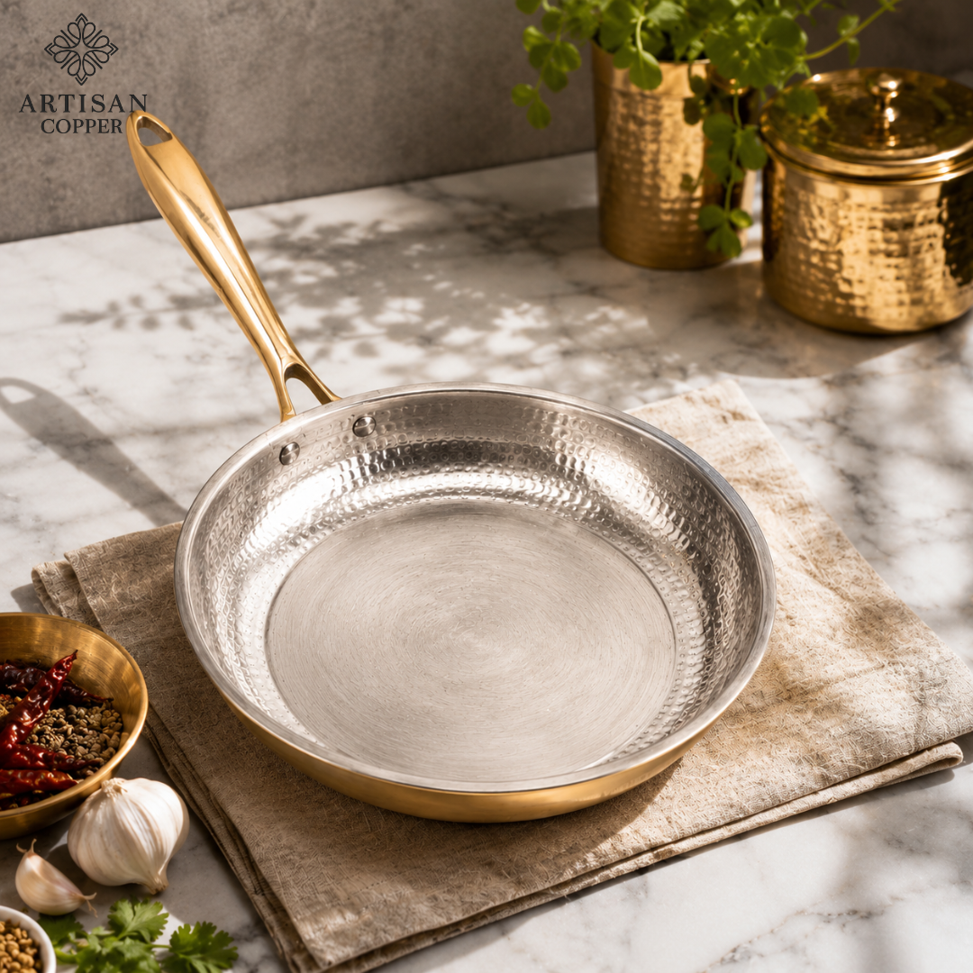 Hammered Brass Fry Pan – Pure Brass with Traditional Tin-Lined Interior