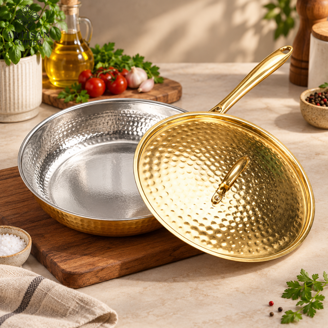 Hammered Brass Fry Pan with Lid – Pure Brass, Tin-Lined Interior