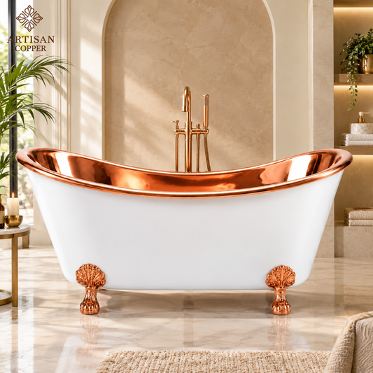 Artisan Copper White Clawfoot Bathtub – 99.9% Pure Copper Freestanding Tub with Shiny Copper Interior & Copper Lion Paw Feet