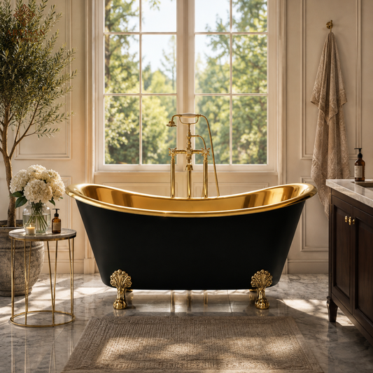 Artisan Copper Black Clawfoot Bathtub – Pure Brass Freestanding Tub with Shiny Brass Interior & Brass Lion Paw Feet