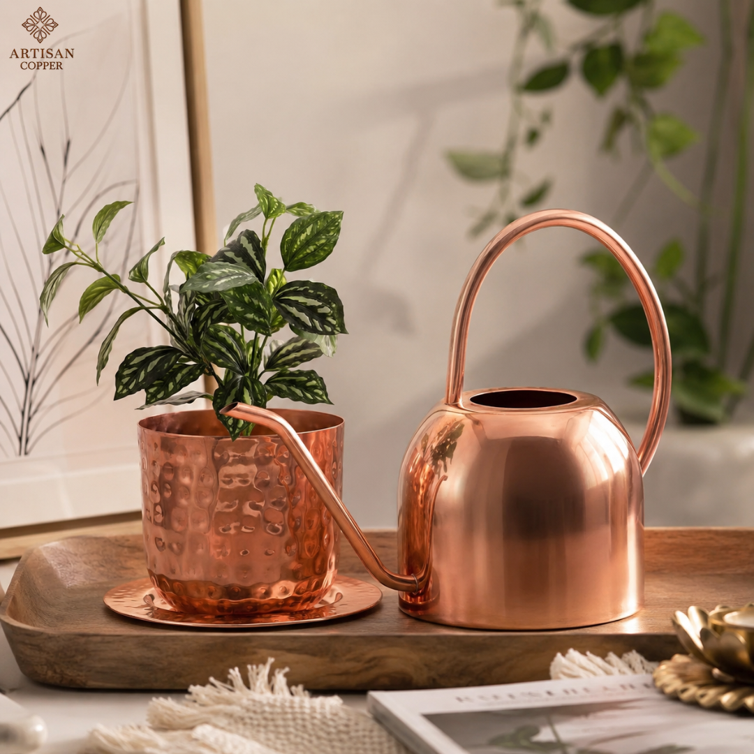 Copper Plated Watering Can & Indoor Planter Set with Tray – 2 Liter Decorative Gardening Set