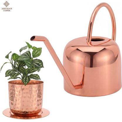 Copper Plated Watering Can with Indoor Planter & Tray Set – 2 Liter Watering Can, Decorative Indoor Plant Pot & Catch Tray