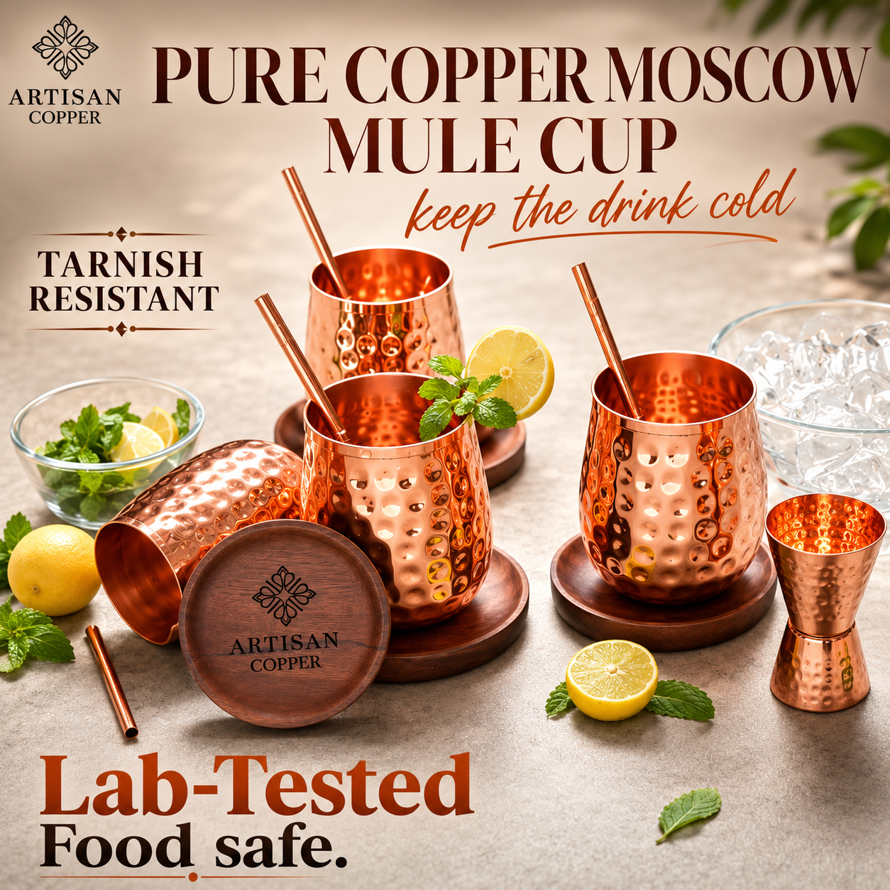 Artisan Copper Pure Copper Wine Glasses Set of 4 (16 oz) with 4 Copper Straws – Handcrafted Hammered Copper Drinking Glasses for Cocktails, Wine & Moscow Mule