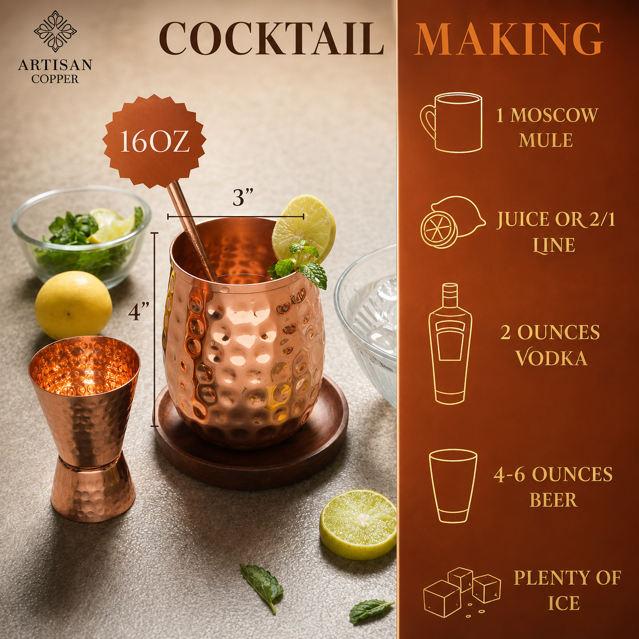 Artisan Copper Pure Copper Wine Glasses Set of 4 (16 oz) with 4 Copper Straws – Handcrafted Hammered Copper Drinking Glasses for Cocktails, Wine & Moscow Mule