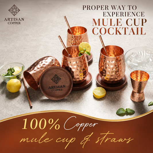 Artisan Copper Pure Copper Wine Glasses Set of 4 (16 oz) with 4 Copper Straws – Handcrafted Hammered Copper Drinking Glasses for Cocktails, Wine & Moscow Mule