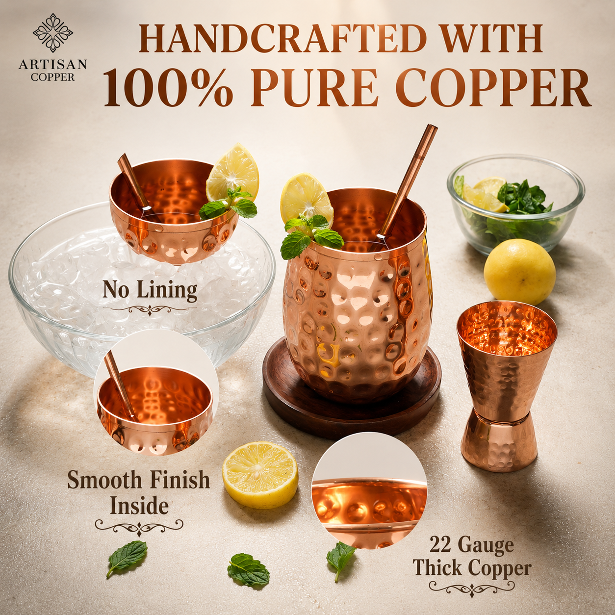 Artisan Copper Pure Copper Wine Glasses Set of 4 (16 oz) with 4 Copper Straws – Handcrafted Hammered Copper Drinking Glasses for Cocktails, Wine & Moscow Mule