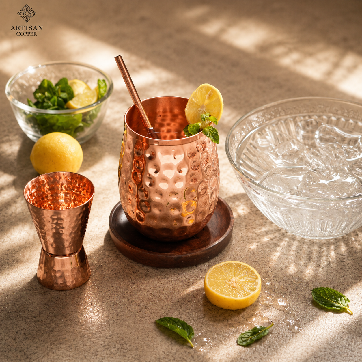 Artisan Copper Pure Copper Wine Glasses Set of 4 (16 oz) with 4 Copper Straws – Handcrafted Hammered Copper Drinking Glasses for Cocktails, Wine & Moscow Mule