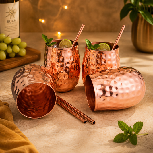 Artisan Copper Pure Copper Wine Glasses Set of 4 (16 oz) with 4 Copper Straws – Handcrafted Hammered Copper Drinking Glasses for Cocktails, Wine & Moscow Mule