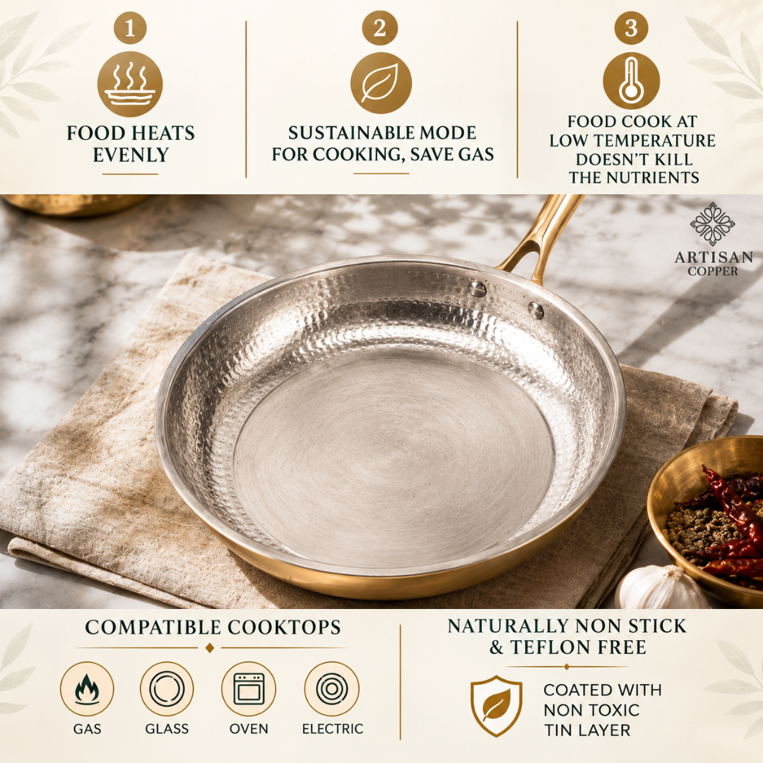 Hammered Brass Fry Pan – Pure Brass with Traditional Tin-Lined Interior
