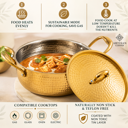Brass Kadai with Tin-Lined Interior & Brass Lid – 30 cm, 2.25 Litre