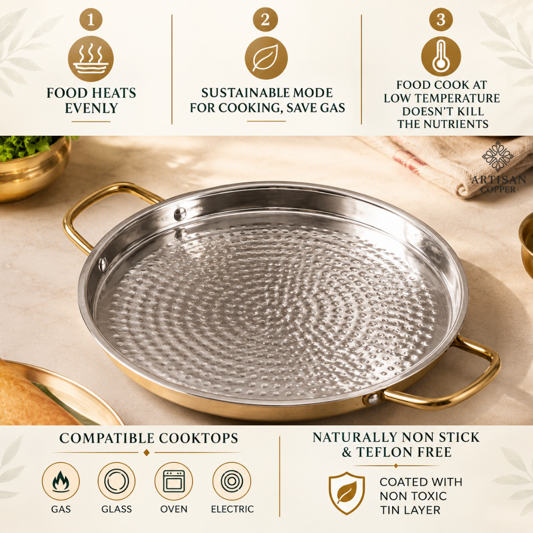 Brass Dosa Tawa – Pure Brass Handcrafted Tin-Lined Indian Griddle, 16 × 12 Inch