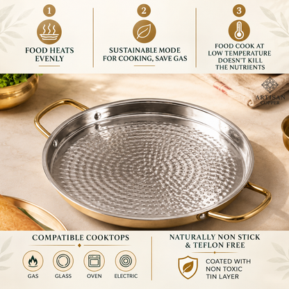 Brass Dosa Tawa – Pure Brass Handcrafted Tin-Lined Indian Griddle, 16 × 12 Inch