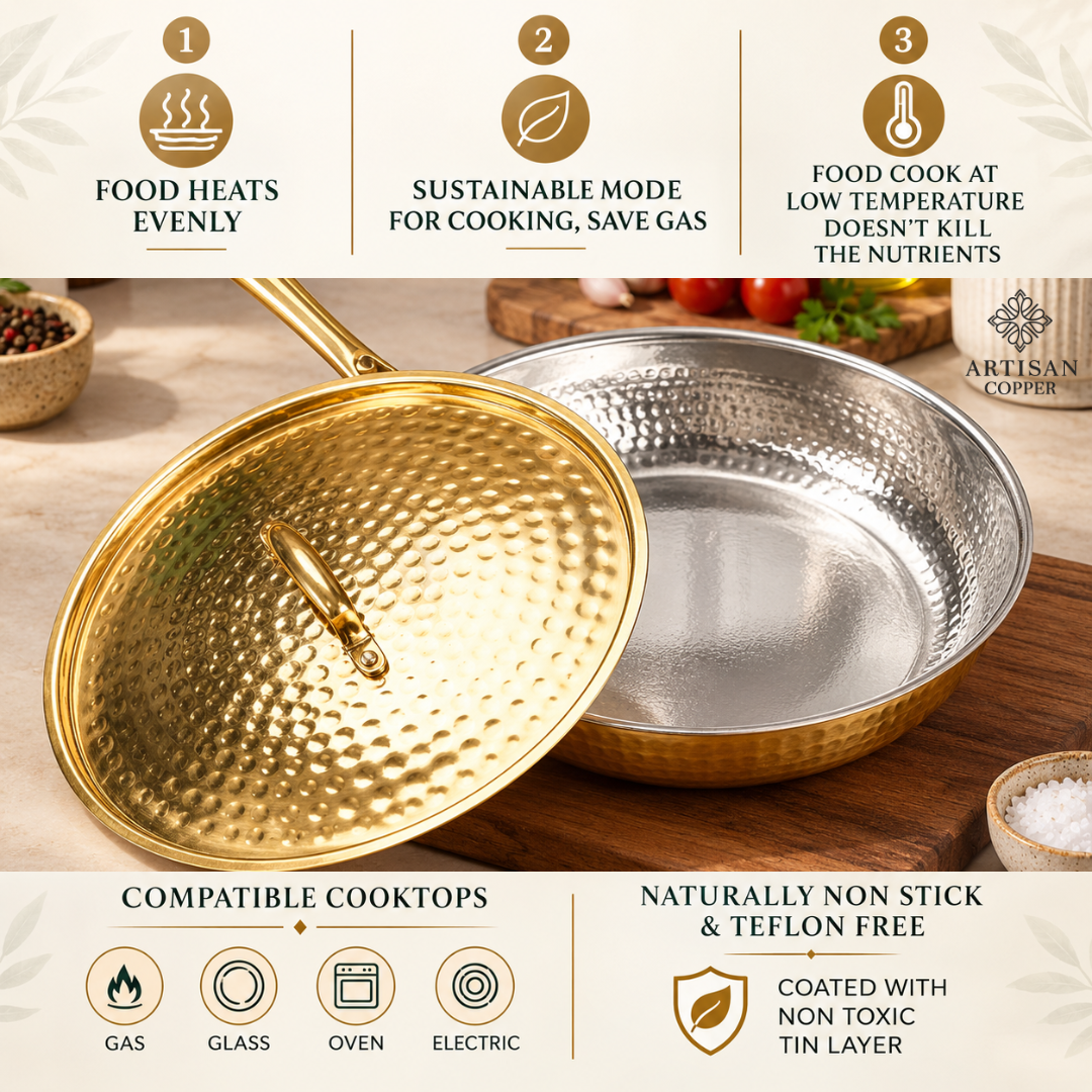 Hammered Brass Fry Pan with Lid – Pure Brass, Tin-Lined Interior