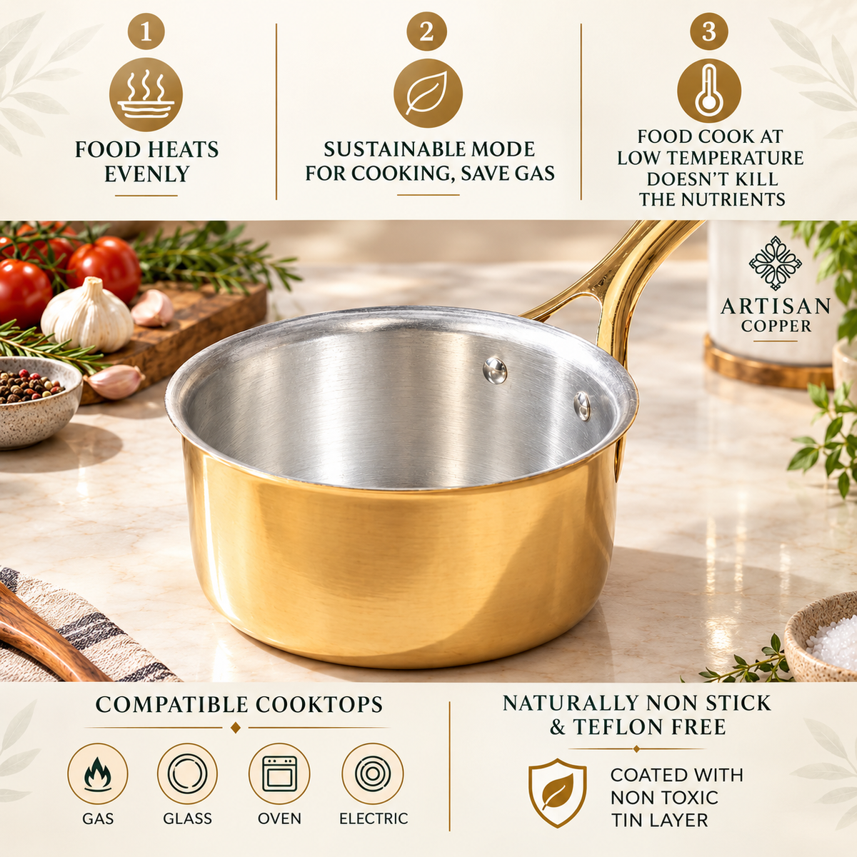 Pure Brass Saucepan with Tin-Lined Interior – Handcrafted Brass Cooking Pot, 1.5 L Capacity