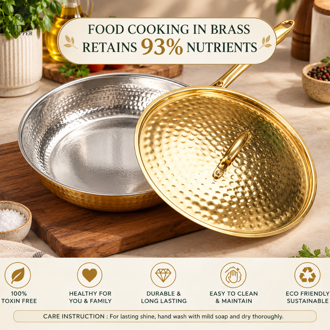 Hammered Brass Fry Pan with Lid – Pure Brass, Tin-Lined Interior