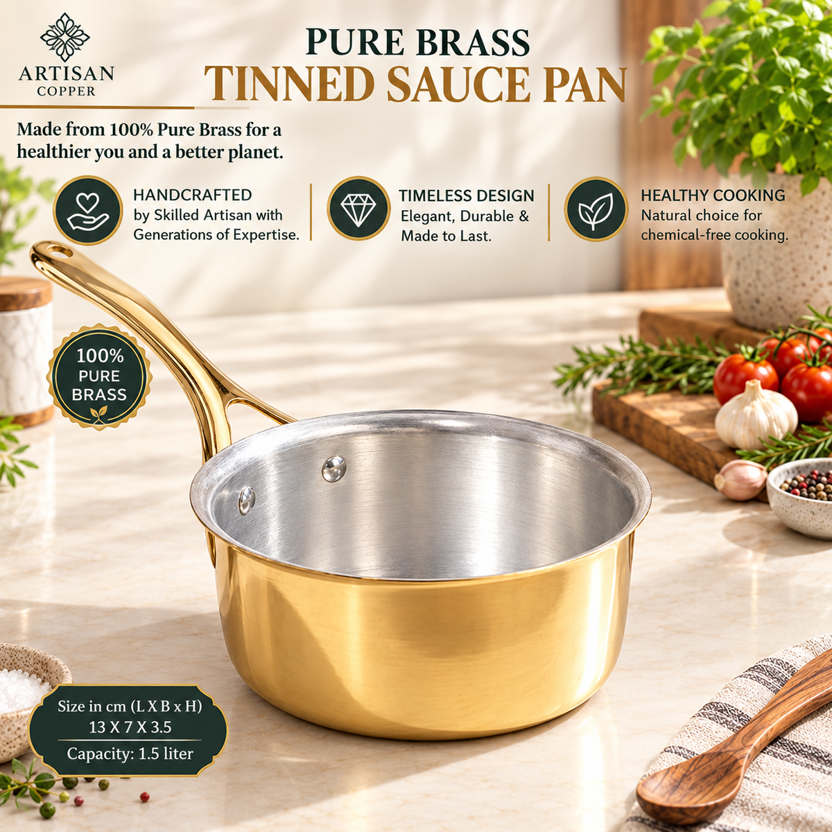 Pure Brass Saucepan with Tin-Lined Interior – Handcrafted Brass Cooking Pot, 1.5 L Capacity
